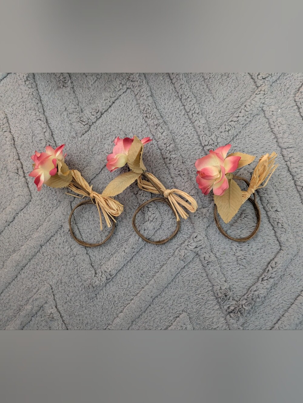 3 Pink Ombre Flower Napkin Rings with Raffia Tie